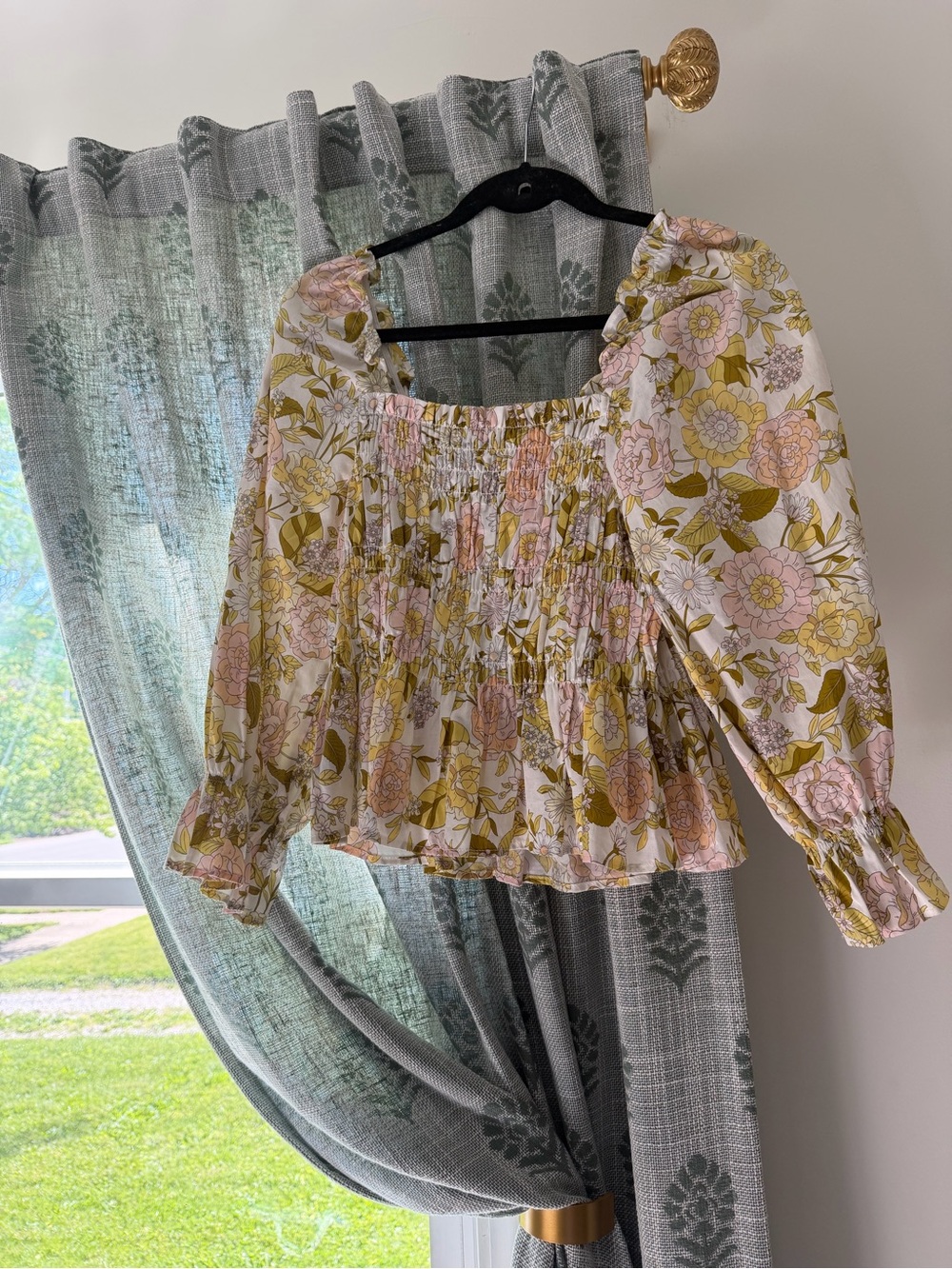 Who What Wear Floral Smocked Peasant Top - Pink & Olive - Picture 3 of 4